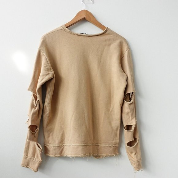 Distressed Camel Sweatshirt Womens XS Cut Out Ripped Pullover  ALALA Cypher USA - Picture 11 of 16